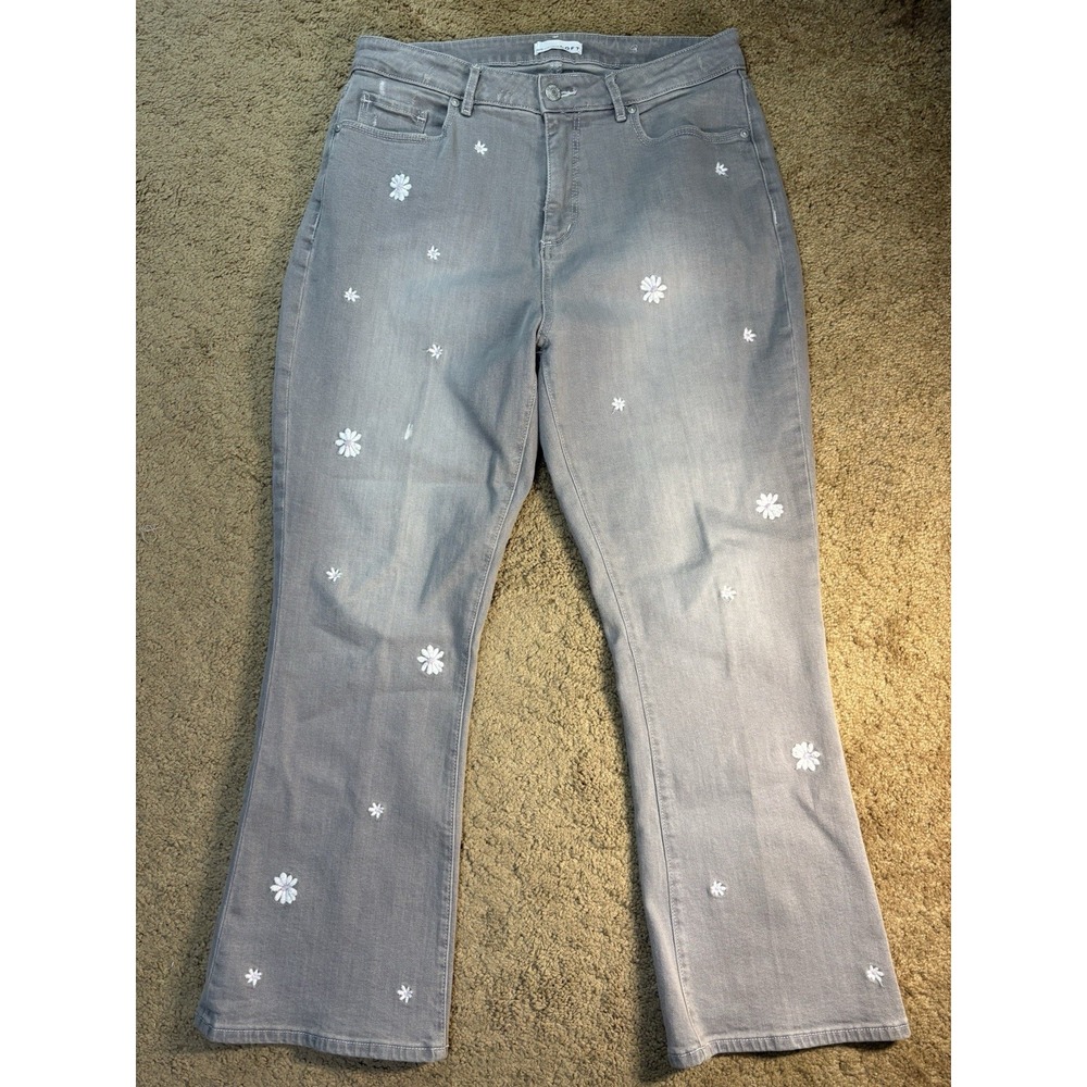 Loft Curvy Kick Crop Jeans Women 30 Gray with Embroidered Daisies Hi Rise